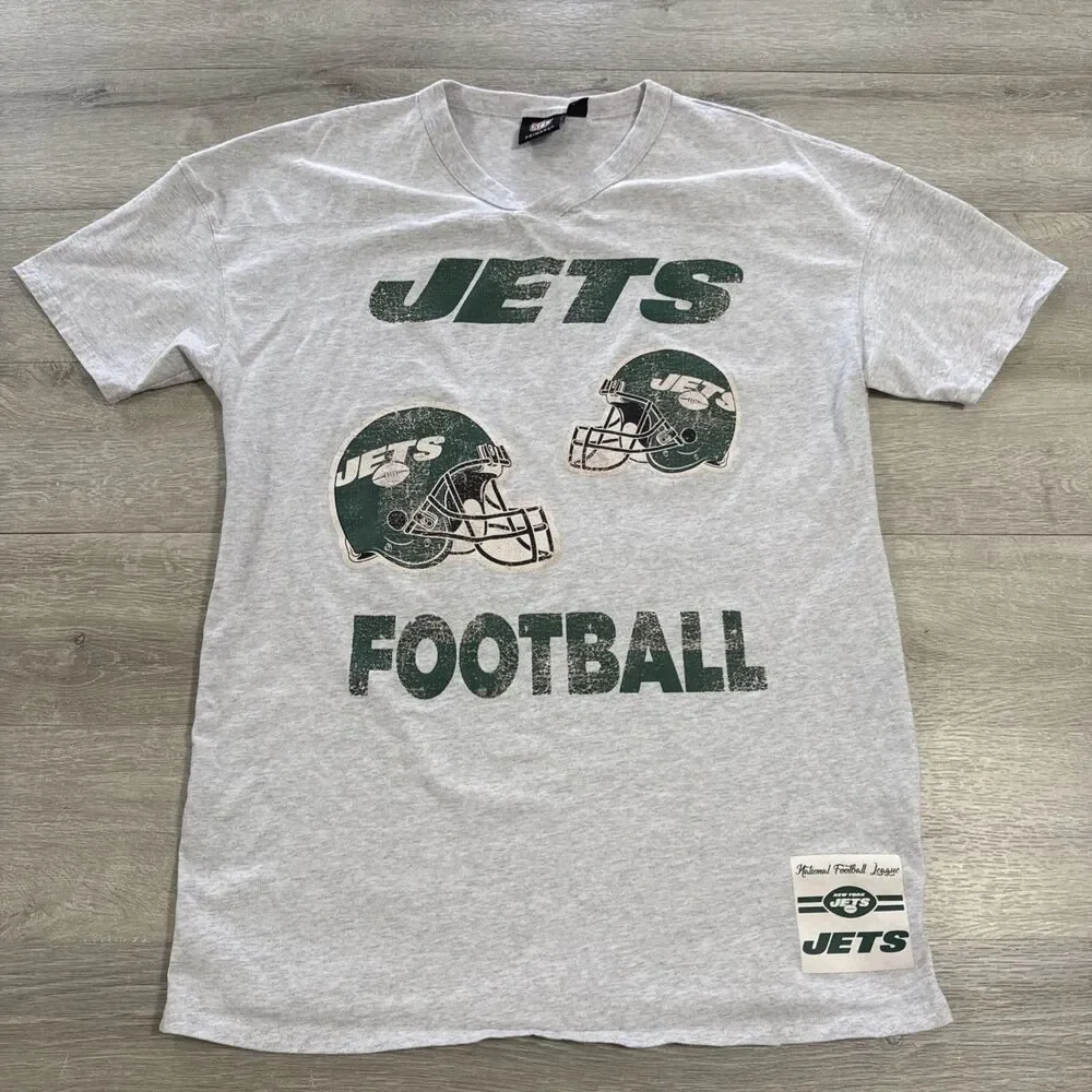 New York Jets Football Shirt Gray NFL Helmet Logo Men's Tee Medium